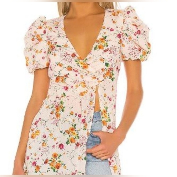 Revolve x House of Harlow 1960 Maeve Midi Floral Top Puff Sleeves Leg Slit S - Picture 8 of 16